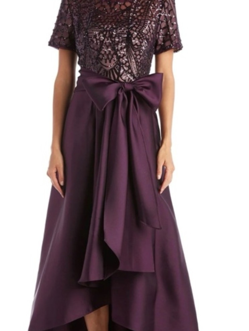 MARINA Deep Plum Embellished Bodice Midi Dress with Bow